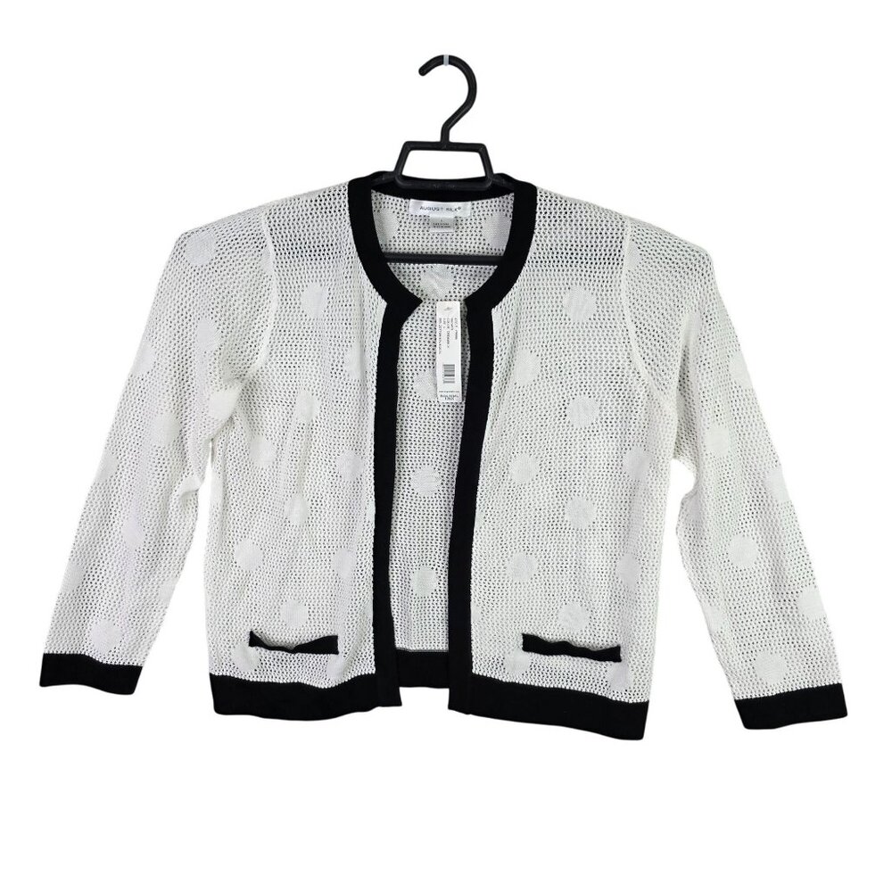 Womens August Silk Black & White Open Knit Cardigan Sweater Cotton Blend Size L
